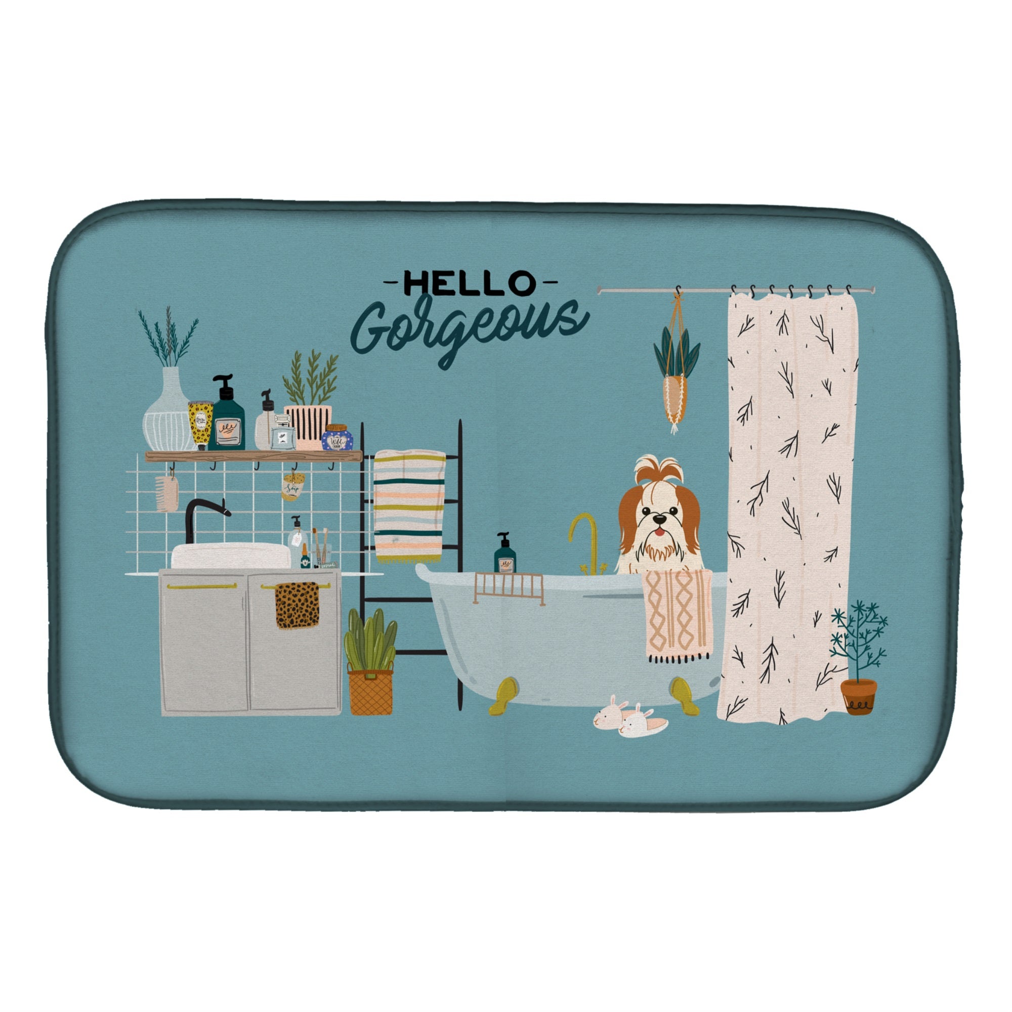 Red White Shih Tzu In Bathtub Dish Drying Mat
